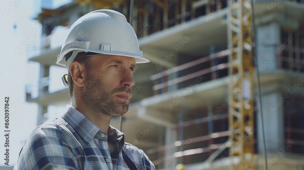 Poster architect caucasian man working with colleagues mixed race in the construction site engineer archite