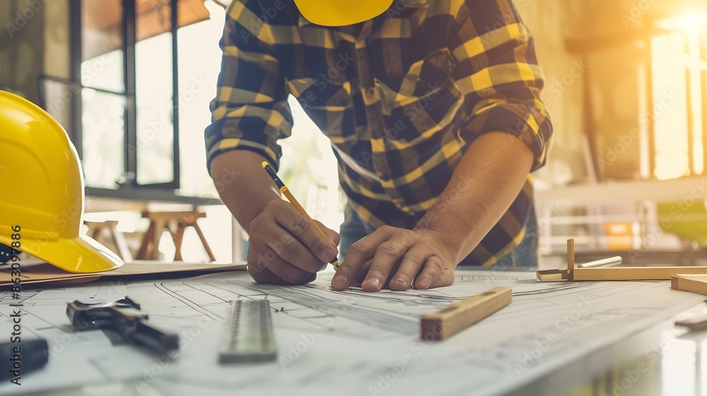 Fototapete Architect or engineer working on building blueprint contractor designing and drawing blueprint layout with tool for construction project Civil engineer and architecture design concept  : Generative AI