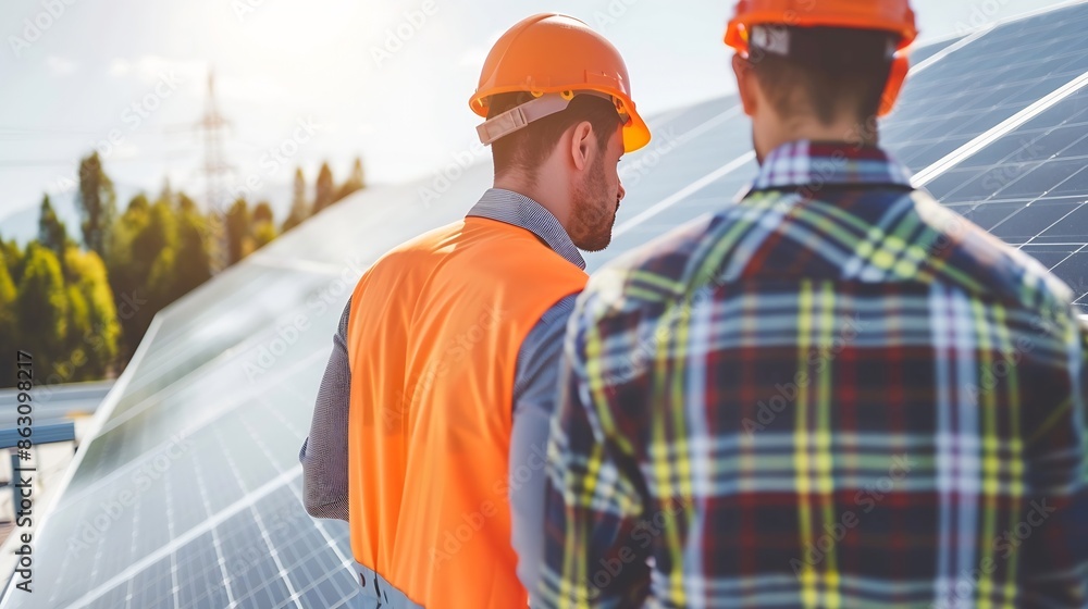 Poster electrical engineer with businessman discussing new project installation solar cell panel on the roo