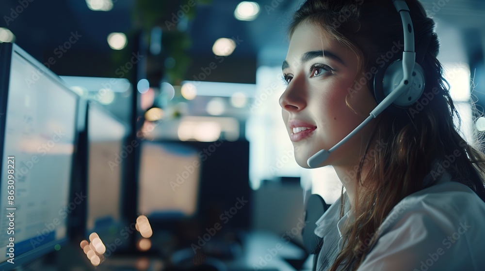 Aufkleber young friendly operator woman agent with headsets working by virsual screen with ai business woman s