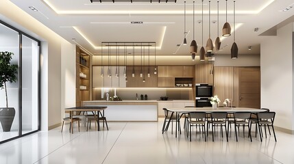 The room includes a large, comfortable seating area with sofas and armchairs, a coffee table, and an open-plan kitchen and dining area in the background. The ceiling has an intricate design with reces