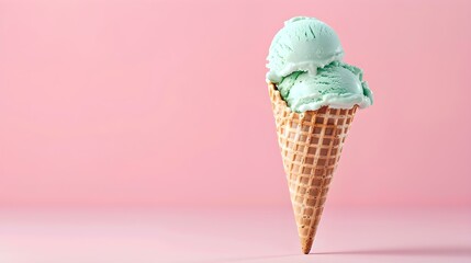 Light Green Ice Cream Cone on a pink Background with Copy Space