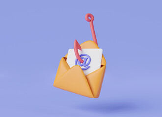 3d icon minimal render illustration of Phishing email on cyber security. Hacker attacks fake message, Hacker stealing credit card information, Cyber crime, Phishing scam, Online scam and steal