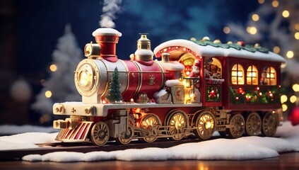 Christmas toy train with decoration, smow and lighting