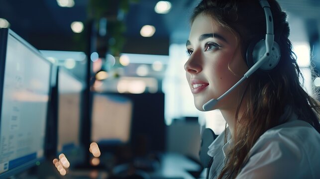 Young friendly operator woman agent with headsets working  by virsual screen with AI  business woman smile  concept for service mind in call centerHelp deskCall center : Generative AI