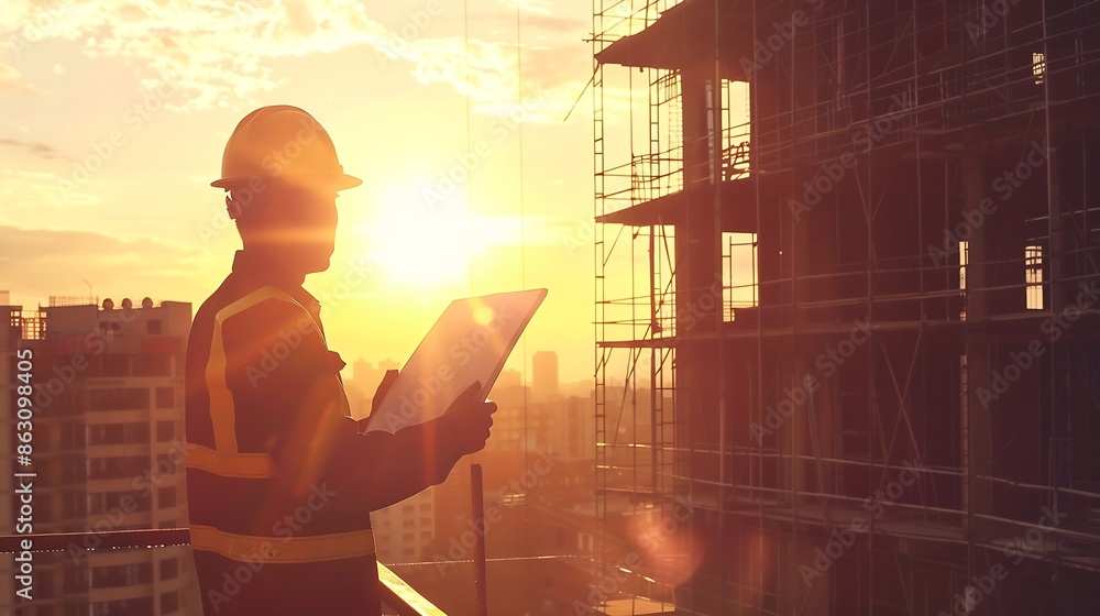 Poster architect team on construction site inspection documents and business workflow in the morning : gene