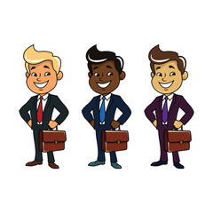 Smiling business boss person in a business suit with a briefcase, shiny shoes and modern haircut. Salesman. Employer. Worker. Corporate marketing illustration.