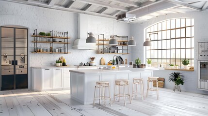 The room includes a large, comfortable seating area with sofas and armchairs, a coffee table, and an open-plan kitchen and dining area in the background. The ceiling has an intricate design with reces