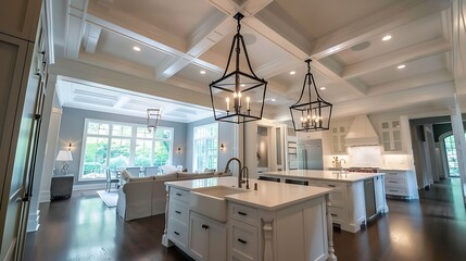 The room includes a large, comfortable seating area with sofas and armchairs, a coffee table, and an open-plan kitchen and dining area in the background. The ceiling has an intricate design with reces