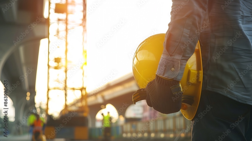 Poster expressway construction engineer in relaxed pose holding a yellow helmet under construction site : g
