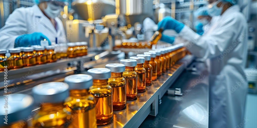 Poster Quality Control Staff Inspecting Medical Vials Production Line in Pharmaceutical Factory. Concept Quality Control, Medical Vials, Pharmaceutical Factory, Inspection, Production Line