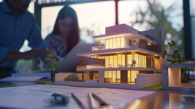 Concepts Architecture and engineer Engineering Design Planning Businessman and architech meeting for planing and checking house design and house model and secretary takes notes meeting : Generative AI