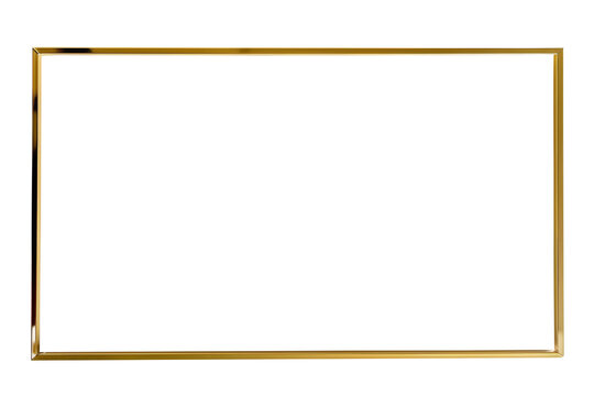 Minimalistic gilded horizontal picture frame, 3d golden rectangle frame for photo, png with transparent background