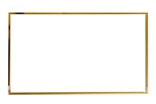 Minimalistic gilded horizontal picture frame, 3d golden rectangle frame for photo, png with transparent background