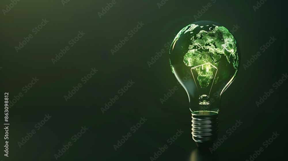 Poster a light bulb with a green world map symbolizes renewable and sustainable energy sources for environm