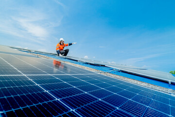 engineer man inspects construction of solar cell panel or photovoltaic cell by electronic device....