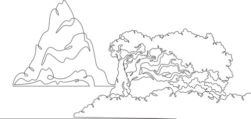 High mountain. Beautiful lonely tree on the shore. Rocky island. Mountain near a lake. Landscape. One continuous line drawing on a white isolated background. Minimalism linear illustration.