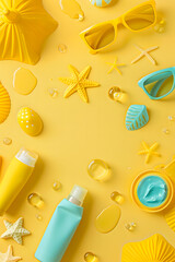 light yellow background with beach toys, sunglasses and a tube of sun cream