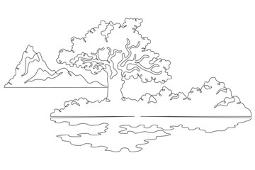 High mountain. Beautiful lonely tree on the shore. Rocky island. Mountain near a lake. Landscape. One continuous line drawing on a white isolated background. Minimalism linear illustration.