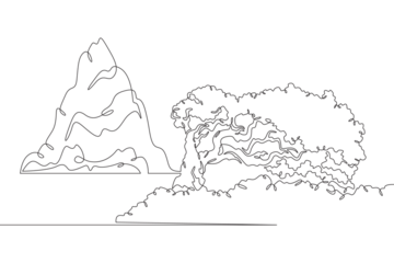 High mountain. Beautiful lonely tree on the shore. Rocky island. Mountain near a lake. Landscape. One continuous line drawing on a white isolated background. Minimalism linear illustration.