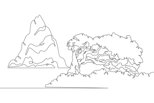 High mountain. Beautiful lonely tree on the shore. Rocky island. Mountain near a lake. Landscape. One continuous line drawing on a white isolated background. Minimalism linear illustration.