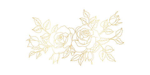 Golden rose flowers line art isolated on white background. Luxury roses floral design elements for invitation, wedding, wallpaper, print template, vector illustration