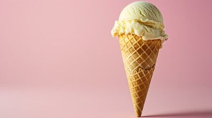 Light Yellow Ice Cream Cone on a pink Background with Copy Space