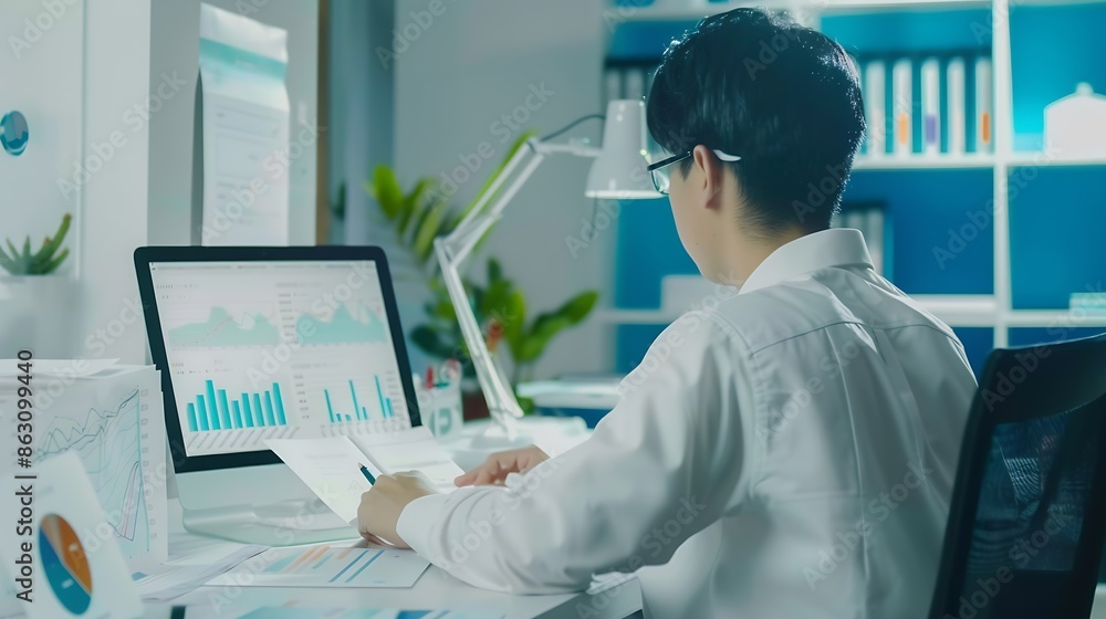 Leinwandbilder Asian accountant working and analyzing financial reports project accounting with chart graph in modern office finance and business concept : Generative AI