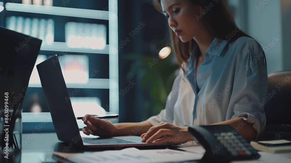 Aufkleber business woman working with laptop computer and calculator she analyst financial advisor preparing s