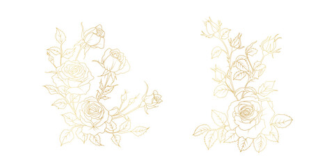 Golden rose flowers line art isolated on white background. Luxury roses floral design elements for invitation, wedding, wallpaper, print template, vector illustration