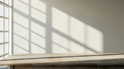 empty table with window shadow on light wall background for product mockup display kitchen interior theme : Generative AI