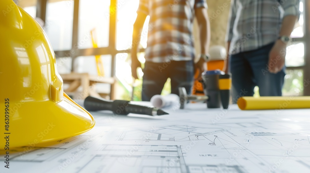 Leinwandbilder Architectural engineer team meeting Use of blueprints construction drawings and calculations for architectural projects and engineering tools in the workplace technical structure conce : Generative AI