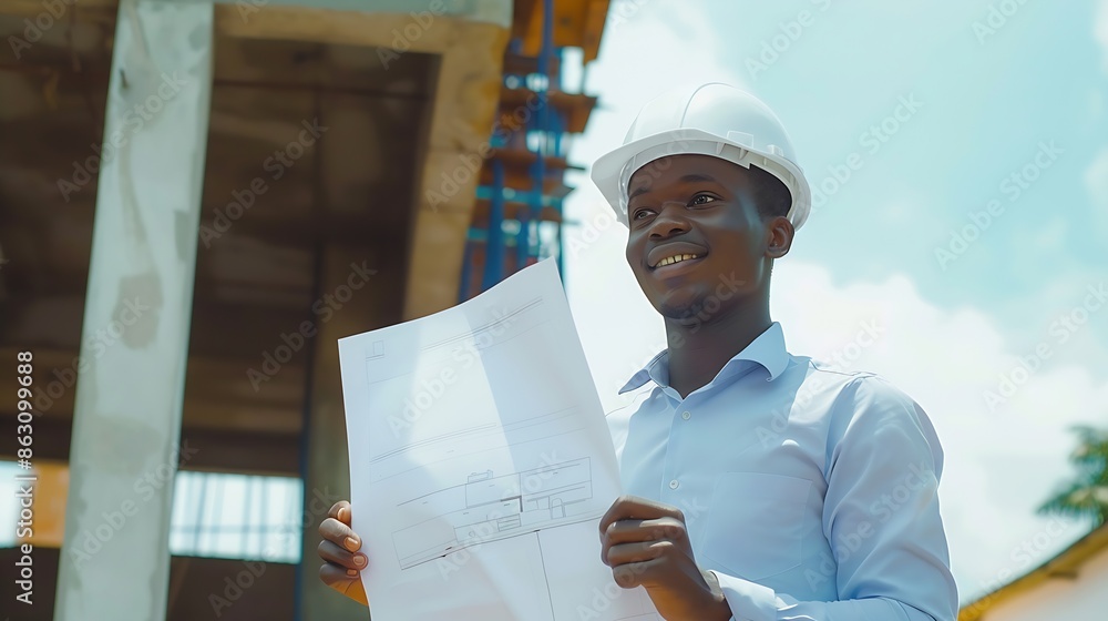 Poster black man architect and construction worker with blueprint and infrastructure renovation building in