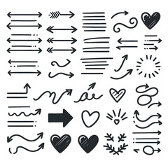Minimalist vector set of line shape markers including underlines, arrows, and heart brush elements, hand-drawn with sketchy detail. Illustration.