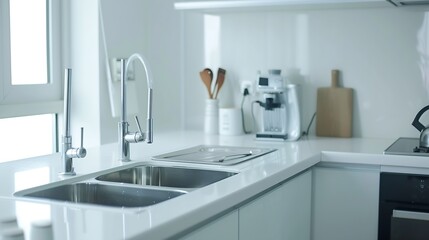 Interior of modern kitchen with utensils sink and electric stove on white counters : Generative AI