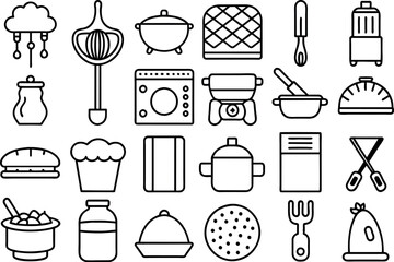 Kitchen and Food related concept Chef hat, kitchen utensils, cutting board, knife & many more, editable stroke outline icons isolated on white background flat vector illustration