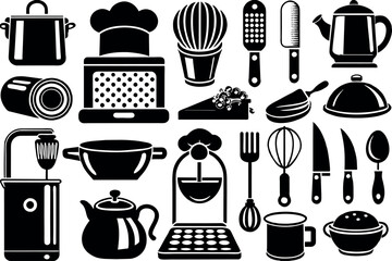 Kitchen and Food related concept Chef hat, kitchen utensils, cutting board, knife & many more, editable stroke outline icons isolated on white background flat vector illustration