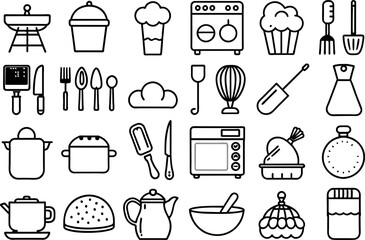 Kitchen and Food related concept Chef hat, kitchen utensils, cutting board, knife & many more, editable stroke outline icons isolated on white background flat vector illustration