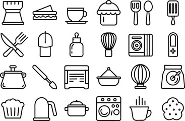 Kitchen and Food related concept Chef hat, kitchen utensils, cutting board, knife & many more, editable stroke outline icons isolated on white background flat vector illustration