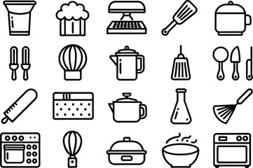 Kitchen and Food related concept Chef hat, kitchen utensils, cutting board, knife & many more, editable stroke outline icons isolated on white background flat vector illustration