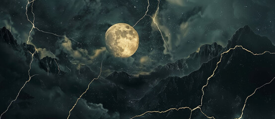 Abstract background with golden cracks, mountain landscape in the dark sky with full moon
