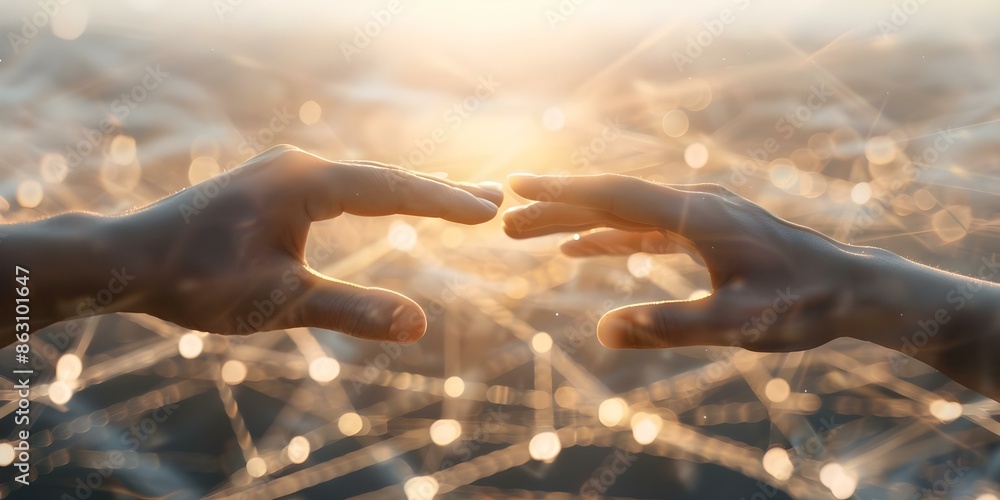 Poster hands reaching out to digital network symbolizing technology and connectivity. concept technology, c