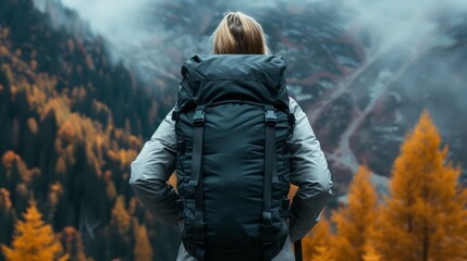 Female adventurer hiking through an autumn forest, wearing a camping backpack, rich fall colors, realistic, back view, outdoor mountain trekking