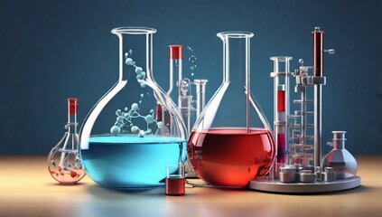 Human chemistry lab flask with equipment. 3d illustration 