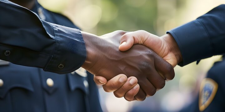 Closeup image of police officers shaking hands symbolizing unity in service. Concept Unity in Service, Police Officers, Handshake, Closeup, Symbolism