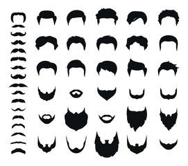 Mens haircuts, beards and mustaches set. Hairdressing constructor. Different shaped beards, mustache and hairstyles collection. Bearded men silhouettes