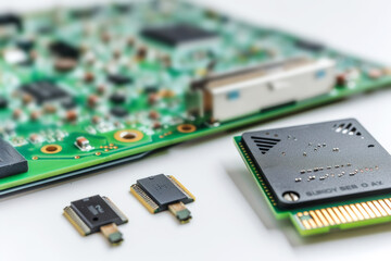 Close-up circuit board with microprocessors and chips