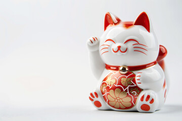 Cute white, gold and red Japanese Maneki Neko winking cat sculpture on white background with copy space