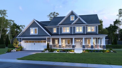 Modern luxury home at dusk with lighting