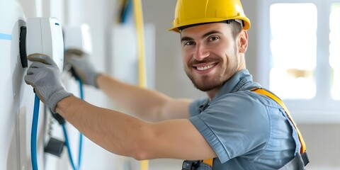Excited electrician setting up a residential electric car charger. Concept Residential Electric Car Charger Installation, Excited Electrician, Sustainable Technology, Eco-friendly Energy